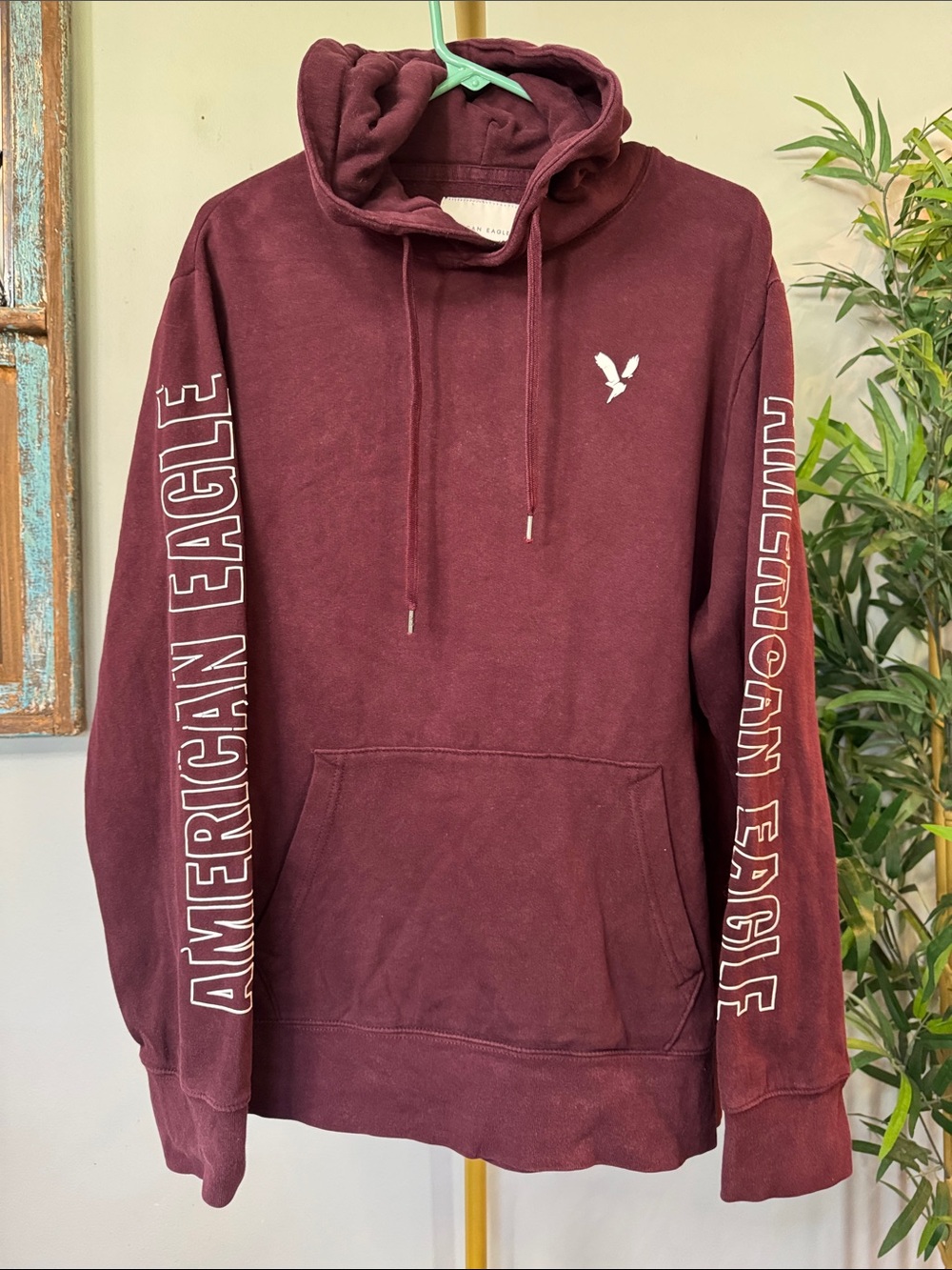 American Eagle Outfitters Maroon Pullover Hoodie with Sleeve Logo